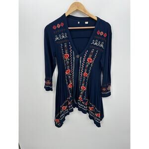 CAITE Embroidered Cardigan Waterfall Bohemian Duster Blue Size M Boho Fairycore